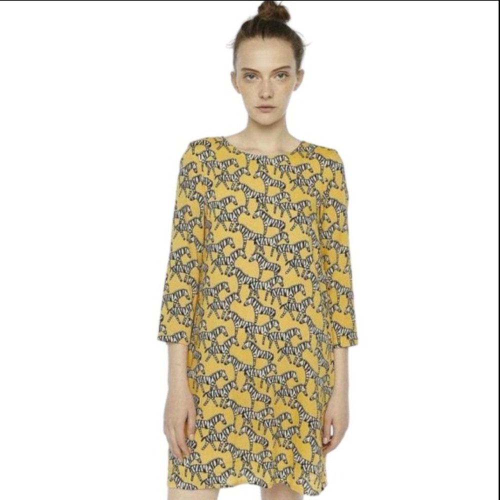Compania Fantastica Mustard Zebra Print Shift Dress Art Teacher Small